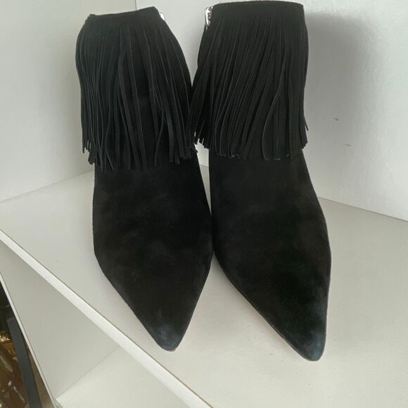 Sam Edelman Suede Fringe Trim Ankle Boots 8.5 Black - Picture 5 of 10